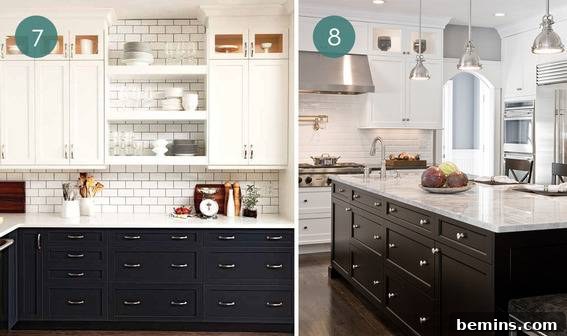 Two-Tone Kitchen Cabinets with Dark Navy and Subway Tile