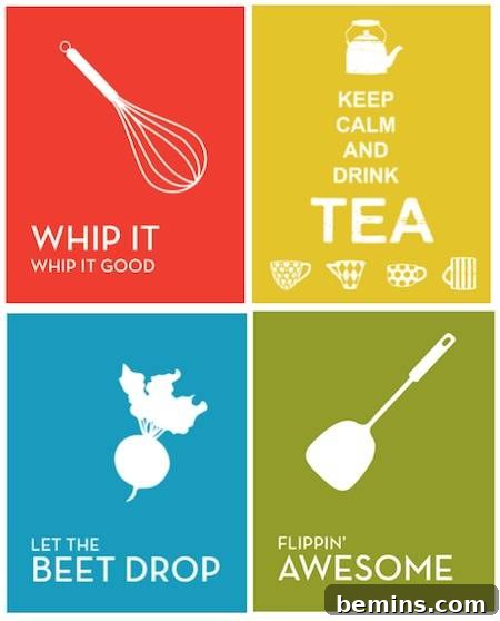 22 Stunning and Free Kitchen Wall Art Ideas 5 Four different color images showcasing various kitchen-themed items and messages.