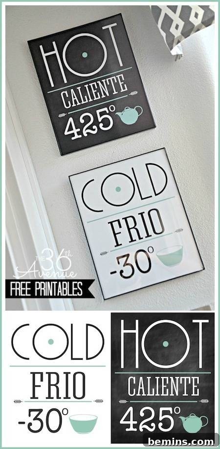 22 Stunning and Free Kitchen Wall Art Ideas 7 Two pieces of wall art, one reading 'hot caliente 425' and the other 'cold frio -30'.