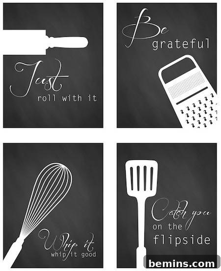 22 Stunning and Free Kitchen Wall Art Ideas 9 Four black panels with white writing on them, resembling chalkboard art.