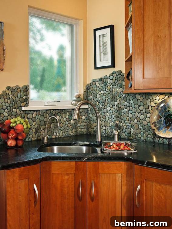 The sink in a corner of a kitchen with green round stones as a backsplash and a window on the left.
