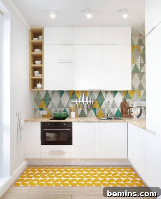 A yellow and white rug sits on the floor in a white kitchen.