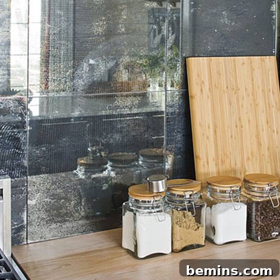 Wood cutting board and row of square glass spice jars in front of shiny black marble-look tiles.