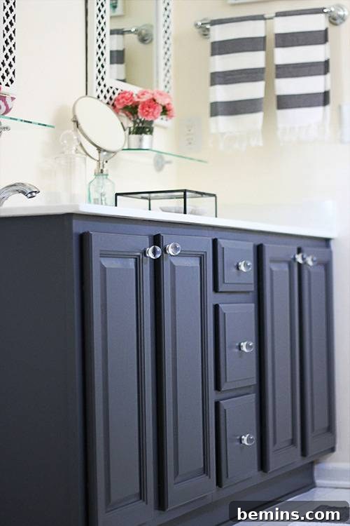 Bathroom vanity painted navy blue