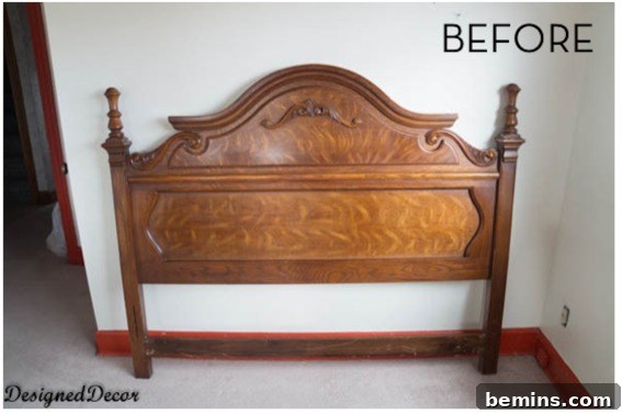 Headboard Hassle: DIY Disaster or Divorce Decree? 2 A wooden bed frame leaning against a white wall.