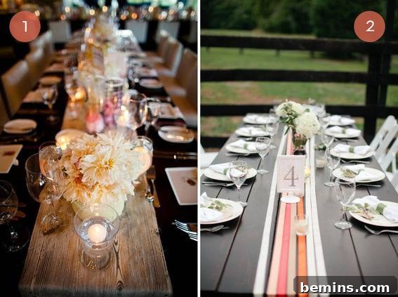 Chic dining table with a minimalist wooden plank table runner and elegant place settings