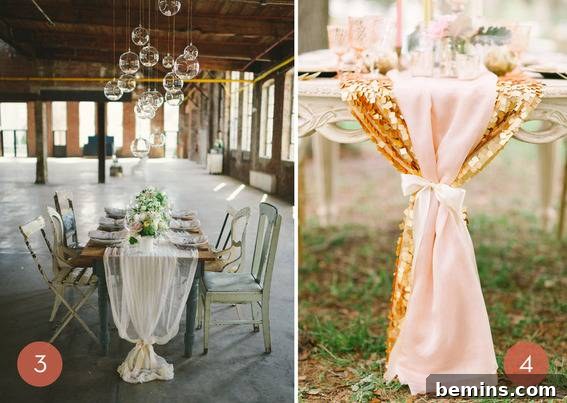 Elegant dining table with sheer fabric layered table runner tied with ribbons