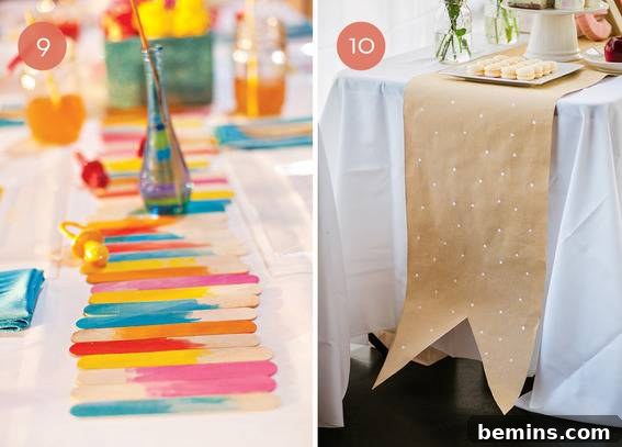 Playful and colorful DIY popsicle stick table runner on a party table