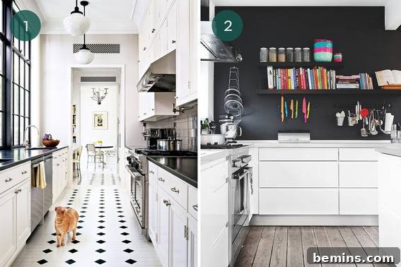 Black and White Kitchen with Diamond Patterned Floor