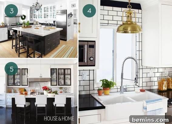 Glamorous Black and White Kitchen with Chandelier
