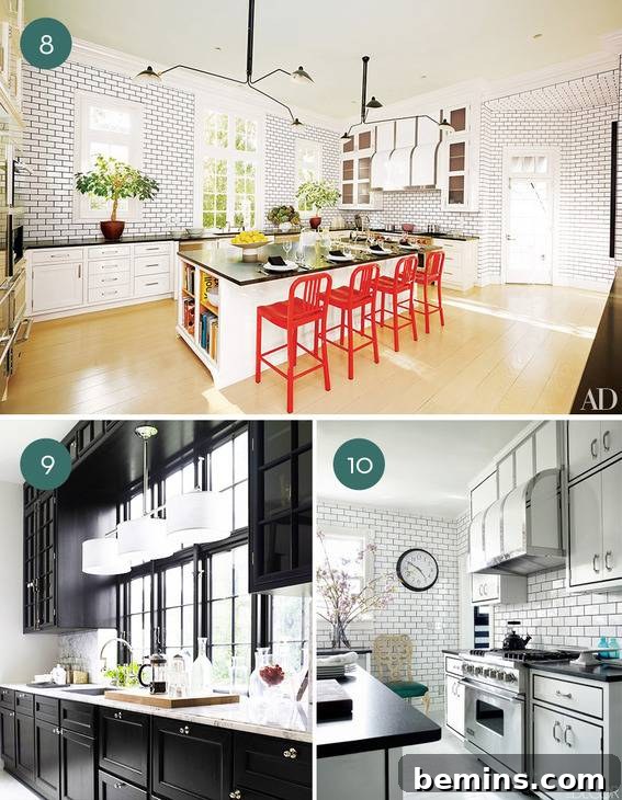 Contemporary Black and White Kitchen with Red Chairs