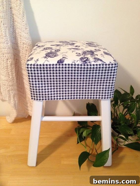 Double the Seating: A DIY Stool Split 12 White stool with a seat covered in checks fabric. The finished stool with the custom slipcover.