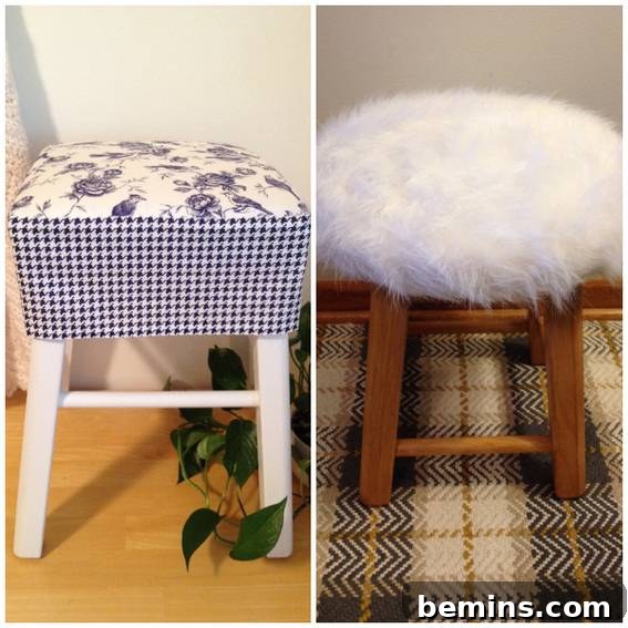 Double the Seating: A DIY Stool Split 17 Square wooden stool with a cushioned fabric top. A showcase of the transformed stool with the custom slipcover.