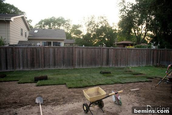 From Cluttered to Chic: A Backyard Deck Transformation 12 A wheelbarrow in a yard with partially installed rolled grass.