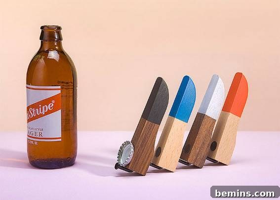 Different colored bottle openers made of wood.
