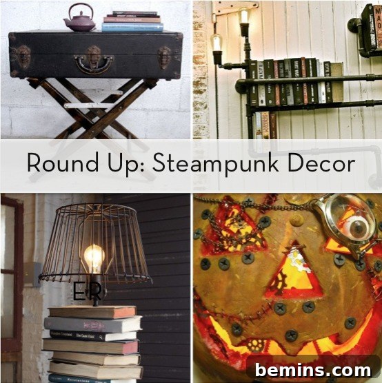 Steampunk decorative items featuring an old suitcase, books, and a lamp.