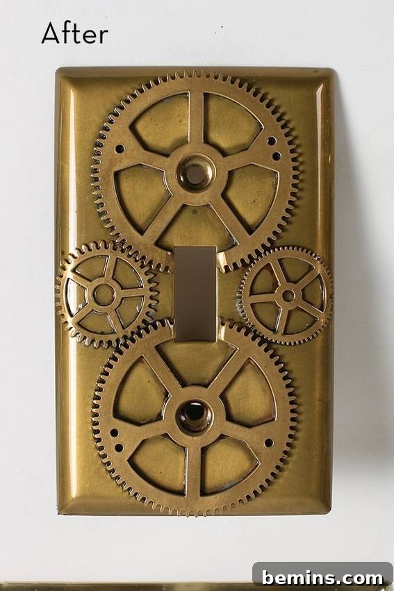 Four gears attached to a mustard-colored light switch cover, creating a distinctive steampunk theme.