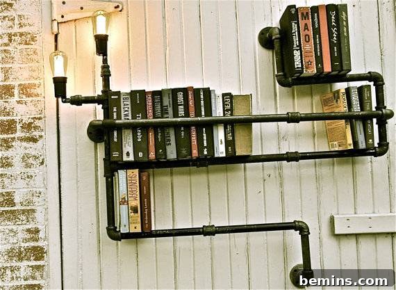 A creative bookshelf constructed from pipes, showcasing a unique storage solution for books.