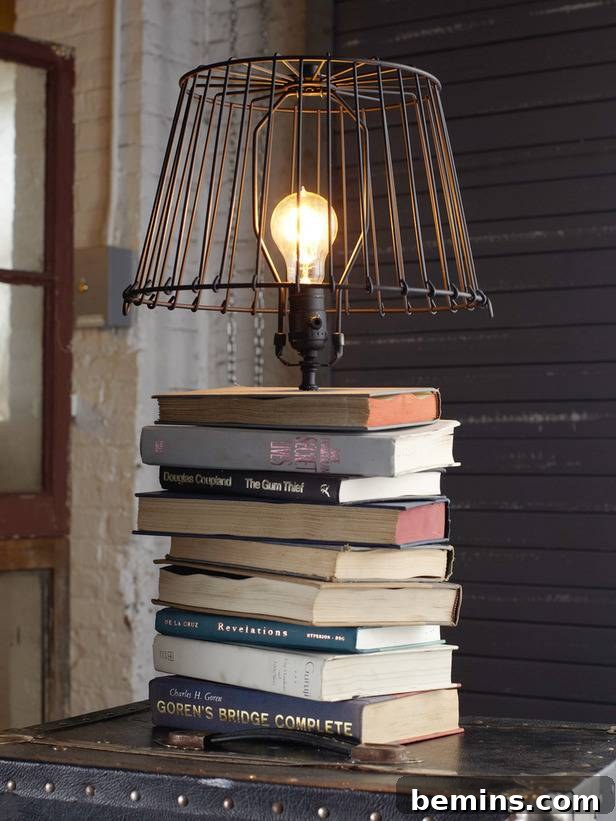A lamp creatively crafted from stacked old books, offering a unique lighting solution.