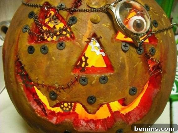 A pumpkin decorated with a large red smile and various scary objects, embodying the steampunk aesthetic.