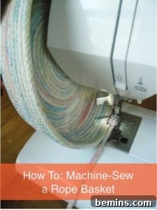 A white colored sewing machine working on a basket.