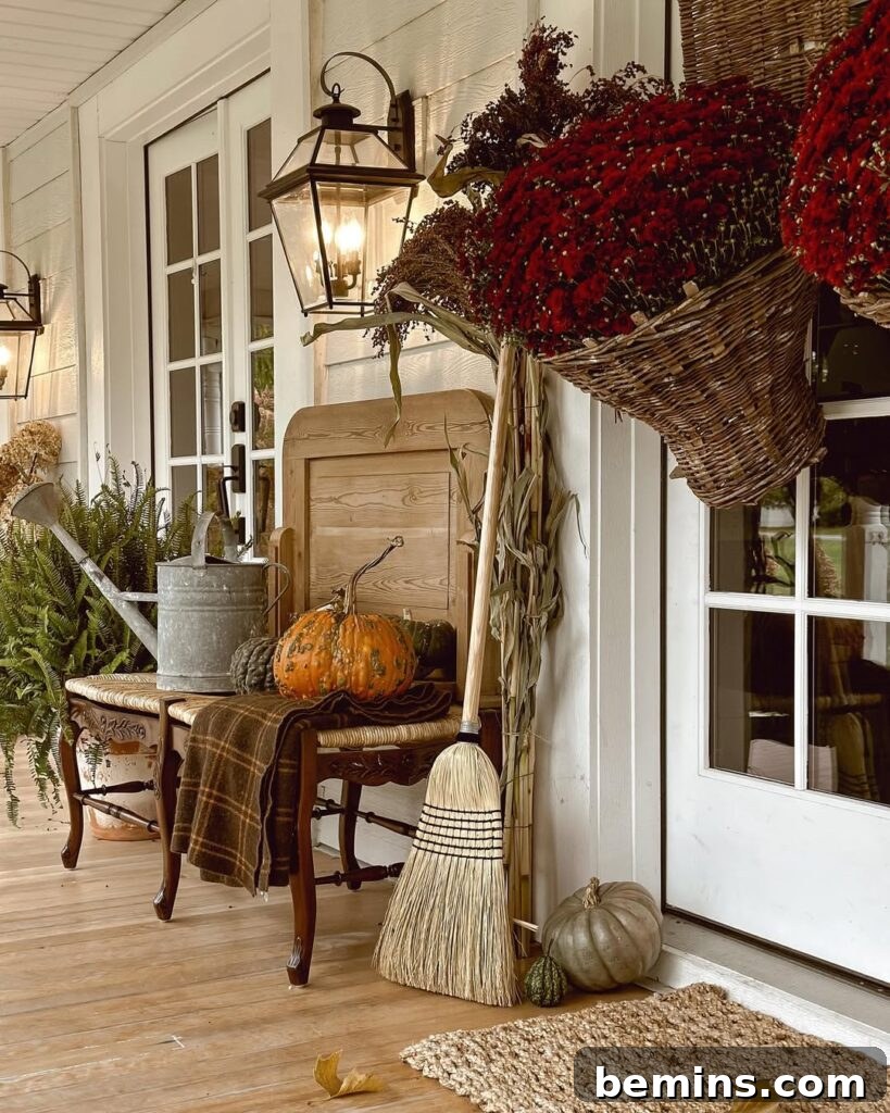 Porch decorated with broom, brown blanket and pumpkin