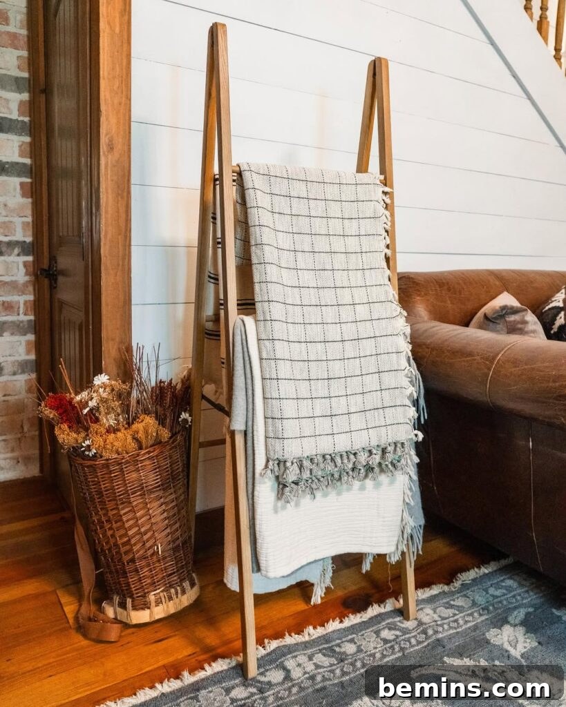 Ladder with white blankets 
