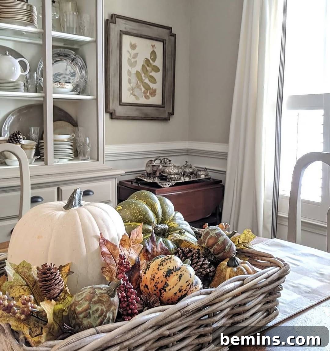 Brown basket on table with pumpkins inside 