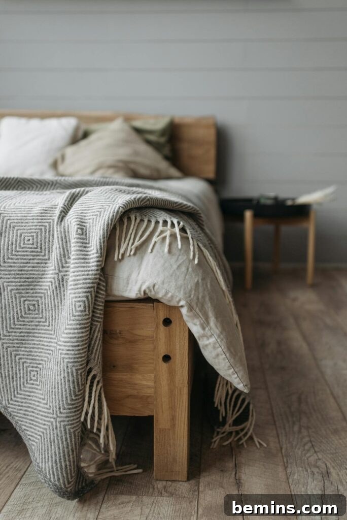 A cozy bedroom with a wooden bed, pillows, and a patterned blanket on a wooden floor.