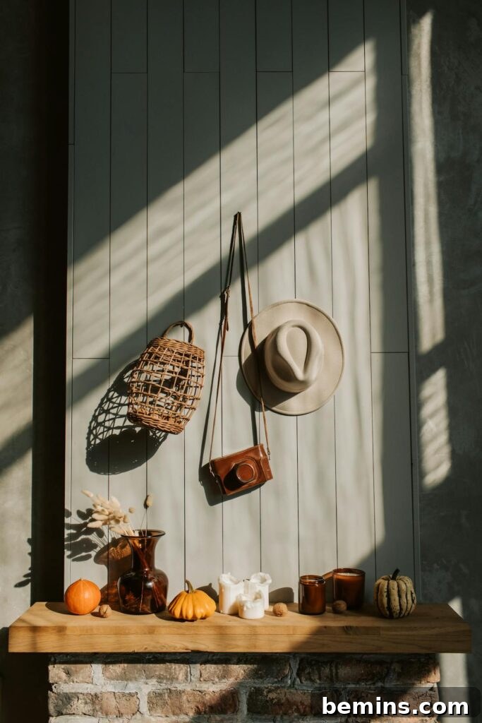 Cozy autumn scene featuring rustic decor, pumpkins, candles, and shadow play on wood planks.