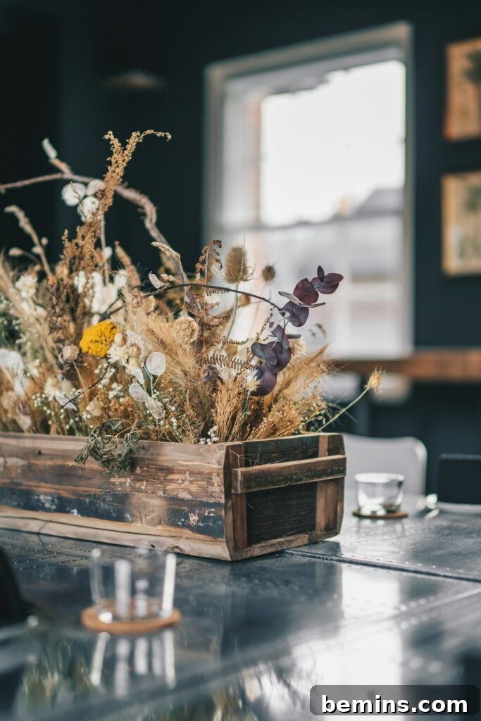 a wooden crate filled with flowers on top of a table