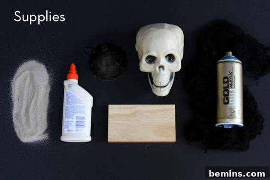 Supplies for DIY Skull Bookends: plastic skulls, wood, glue, sand, spray paint.