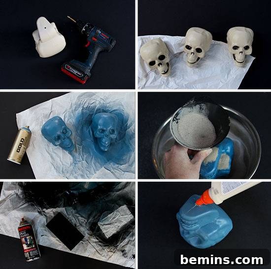 Painted skeleton heads in a collage showing different colors.