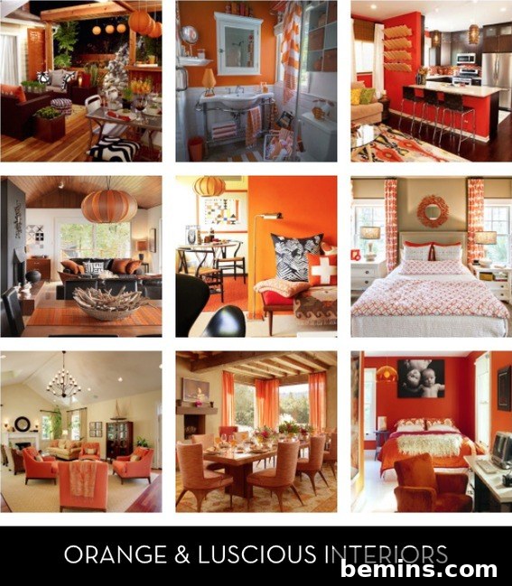 A diverse collection of nine orange-themed room designs showcasing various styles.