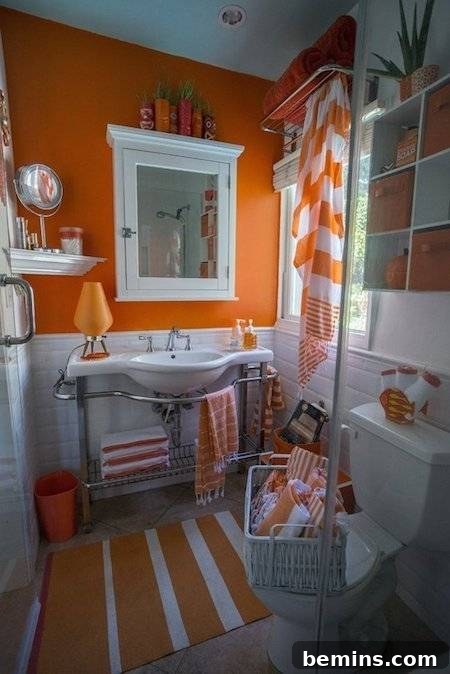 A vibrantly styled bathroom with an orange theme, featuring orange curtains and orange flooring.