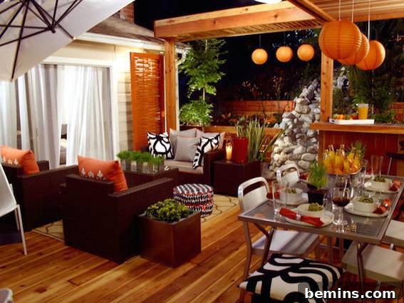 An inviting outdoor dining area with a table and chairs, set on a wooden deck with a gazebo.
