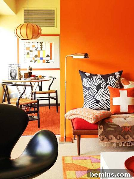 A cozy living room featuring a cushioned bench adorned with pillows, set near a stylish rug.