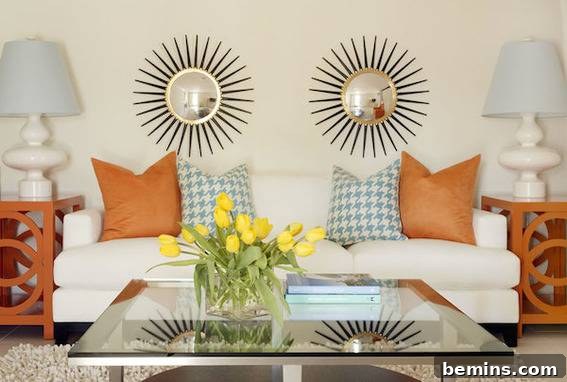A stylish living room featuring carefully chosen orange accent decor elements.