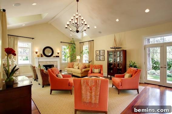 An elegant living room showcasing soft, inviting orange chairs.