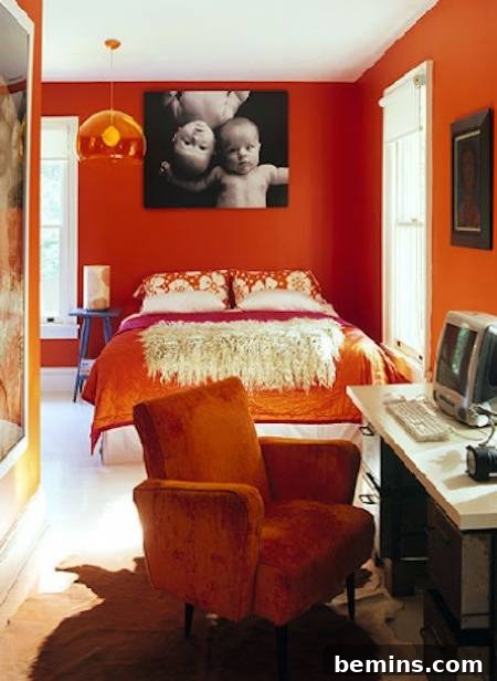 A unique crimson bedroom featuring a striking white floor.