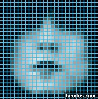 A grid with a woman's face seemingly pushing through, representing the detailed patterns KnitPro can create.