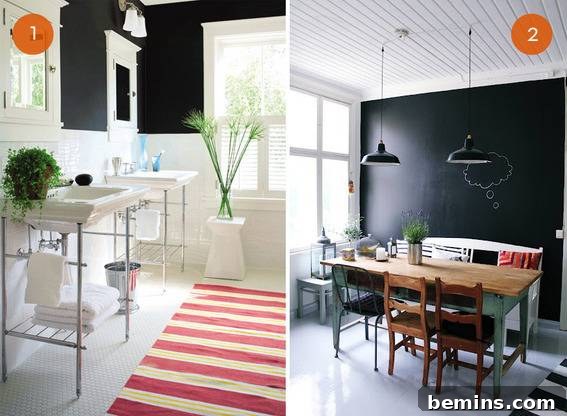 Bathroom with black upper walls and white tile lower walls