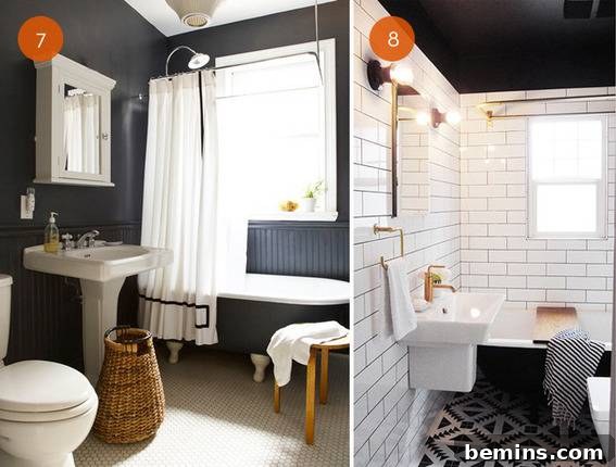 Bedroom with black walls and framed black and white photographs