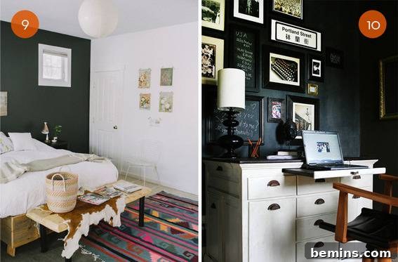 Bedroom with black walls and black window panes