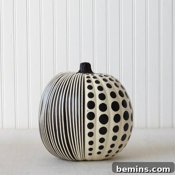 A unique, stylish artwork painted/enveloped over a pumpkin. Striking optical illusion pumpkin DIY.