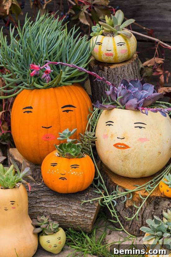 Faces have been made out of a set of pumpkin. Adorable painted pumpkin family DIY.