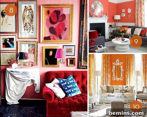 Fall Living Room with Red Velvet Sofa and Pink Walls