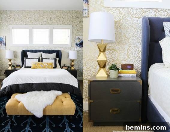 A stylish bedroom corner featuring a bed adorned with decorative cushions, a cozy bench, and a chic nightstand with a lamp.