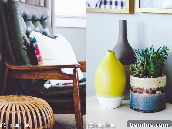 A cozy reading nook with stylish decor elements, including a comfortable wooden sofa and carefully selected accessories.