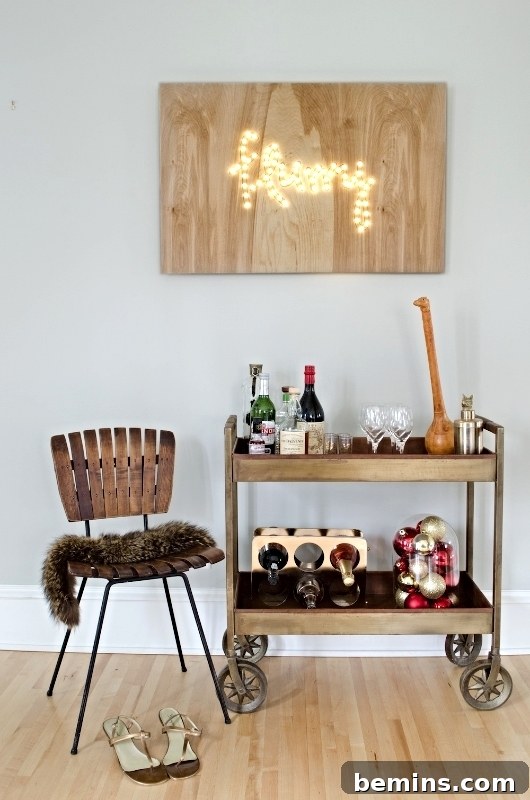 How to Design Your Own Dazzling Light-Up Sign 2 A beautifully crafted wooden sign above a stylish bar cart, showcasing the finished DIY project.